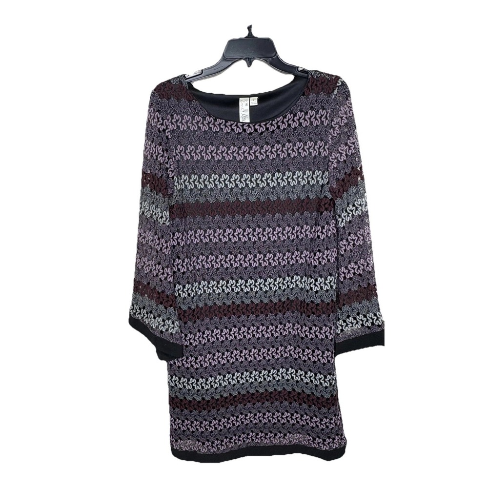 Purple Crochet Knit Stripe Shift Dress  3/4 Bell Sleeve Womens L Classic Boho